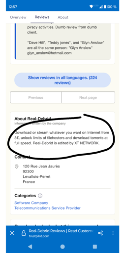 Screenshot of RealDebrid's Description on TrustPilot
