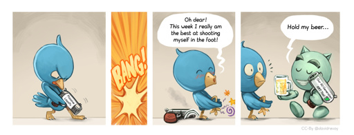Blue twitter bird holds a gun with "Massive Layoffs" written on it. BANG! Blue bird: "Oh dear! This week I really am the best at shooting myself in the foot!". Deviantart enters the room holding a gun labeled "Our AI-Generated ART tool" and says: "Hold my beer…"