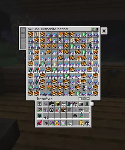 netherite chest full of arcane essence and grimore of evokation, oversaturated from HDR on Linux being weird, some evokaton runes