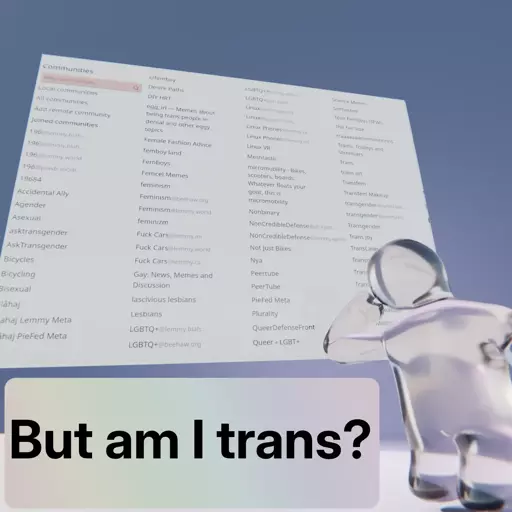 A figure, pondering, stands in front of a billboard with around 40 subscribed trans-related threadiverse communities. Captioned "But am I trans?"