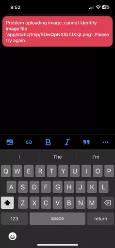 Screenshot of voyager showing an error message reading “ Problem uploading image: cannot identify image file
'app/static/tmp/SDwQpNXSLfJXkjl.png'. Please
try again.”