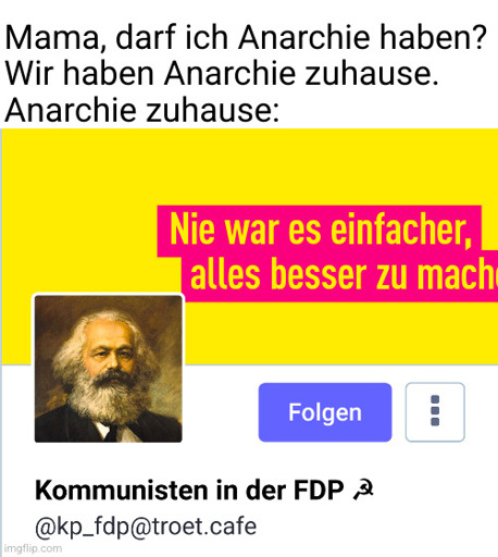 Ein Screenshot des Mastodon Accounts "Kommunisten in der FDP". Er ist betitelt mit dem Dialog: "Mama darf ich Anarchie haben? Nein, wir haben Anarchie zuhause. Anarchie zuhause:"