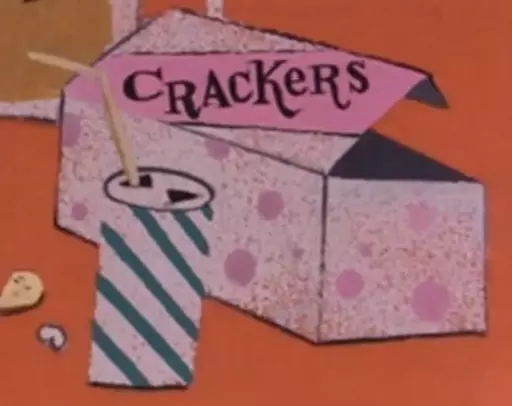 Closeup crop of a larger Pink Panther -related drawing, showing a small cartoony box with "crackers" written on it. There's an open soda can with a straw in it in front of the box
