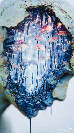 A collection of delicate mushrooms with pink and coral-colored caps growing on thin dark stems within a human statue's head. The mushrooms appear to be sprouting from moss and organic debris that has accumulated inside the rocky opening, creating a miniature ecosystem. Soft, diffused lighting illuminates the scene, creating bokeh effects. The statue surrounding the mushrooms displays weathered textures with patches of moss and lichen in various shades of blue, green, and gray.