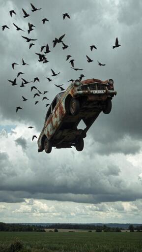 A rusted, vintage car suspended high in the air, defying gravity, floating diagonally amid a dramatic gray cloudy sky, surrounded by a flock of dark birds. Below stretches a vast landscape with open green fields and distant tree lines.