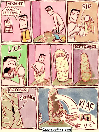 A man sees on the calendar that it’s August. He thinks to himself: “It’s time.“ He gets undressed and starts making a cocoon around himself from newspapers and saliva. There he remains until October. The cocoon bursts open and his meatless skeleton falls out.