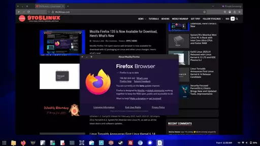 Screenshot of Firefox 136 beta showing the 9to5linux.com website and the About Mozilla Firefox dialog.