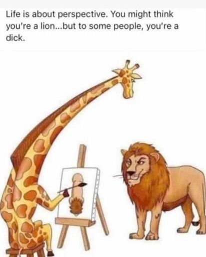 Zeichnung wie eine Giraffe einen Löwen malt. Aufgrund der Perspektive der Giraffe von oben auf den Löwen, erinnert das entstandene Kunstwerk an einen Penis.