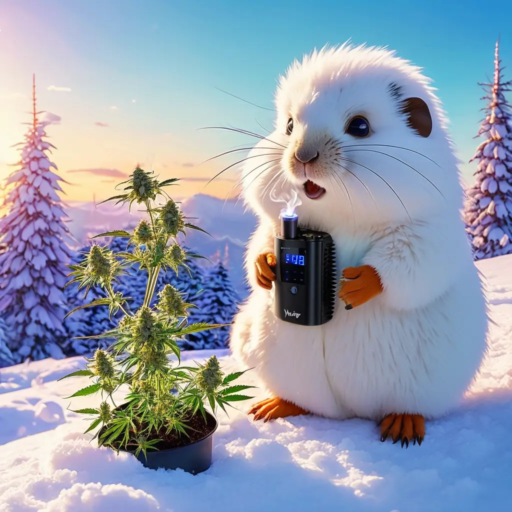 Ein KI-generierter Lemming in einer Winterlandschaft, mit einem Vaporizer in der Hand vor seiner blühenden Cannabispflanze