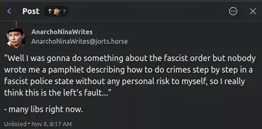 Post on mastodon by AnarchoNinaWrites: "Well I was gonna do something about the fascist order but nobody wrote me a pamphlet describing how to do crimes step by step in a fascist police state without any personal risk to myself, so I really think this is the left's fault..."   - many libs right now.