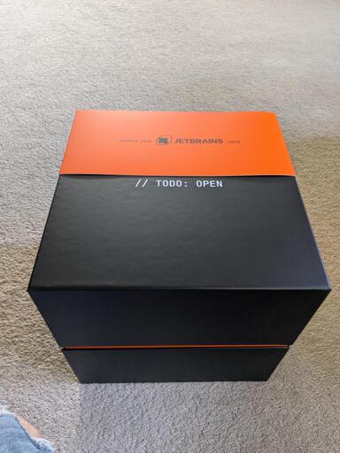 unopened awesome swag box from jetbrains. this thing was super high quality, quite the unboxing experience