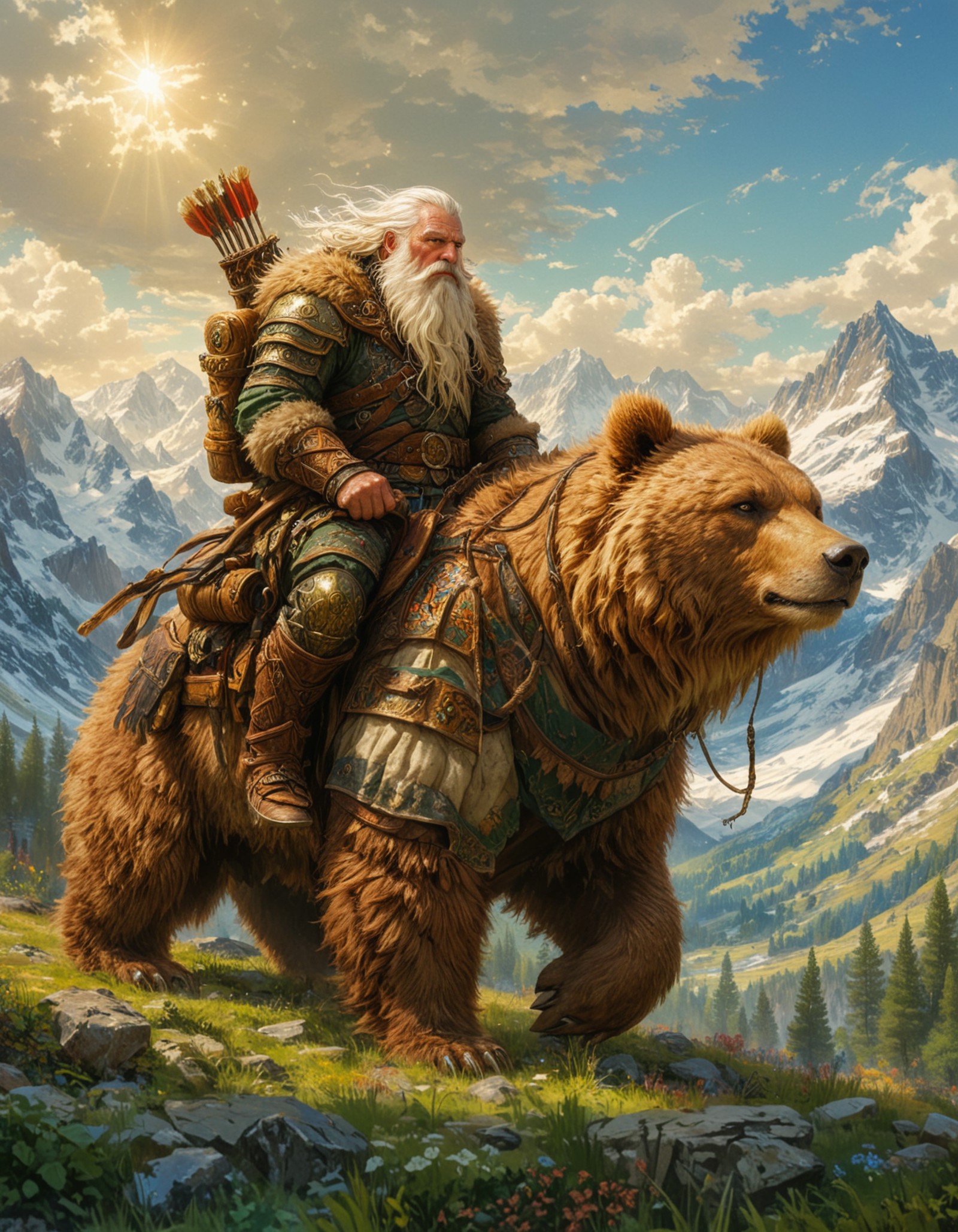 A heavily armored man riding atop a large brown bear in a serene mountainous landscape. The sun peeks through the clouds, casting a warm glow over the peaks and illuminating the lush greenery below. The rider carries an assortment of weapons and appears poised for travel or adventure. 