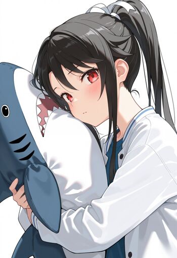 A girl with red eyes and long black hair tied in a high ponytail with a white ribbon. She is wearing a white coat over a blue shirt, and is hugging a large, plush shark toy with a wide, toothy grin. The shark is predominantly blue with a white underside and black eyes. 