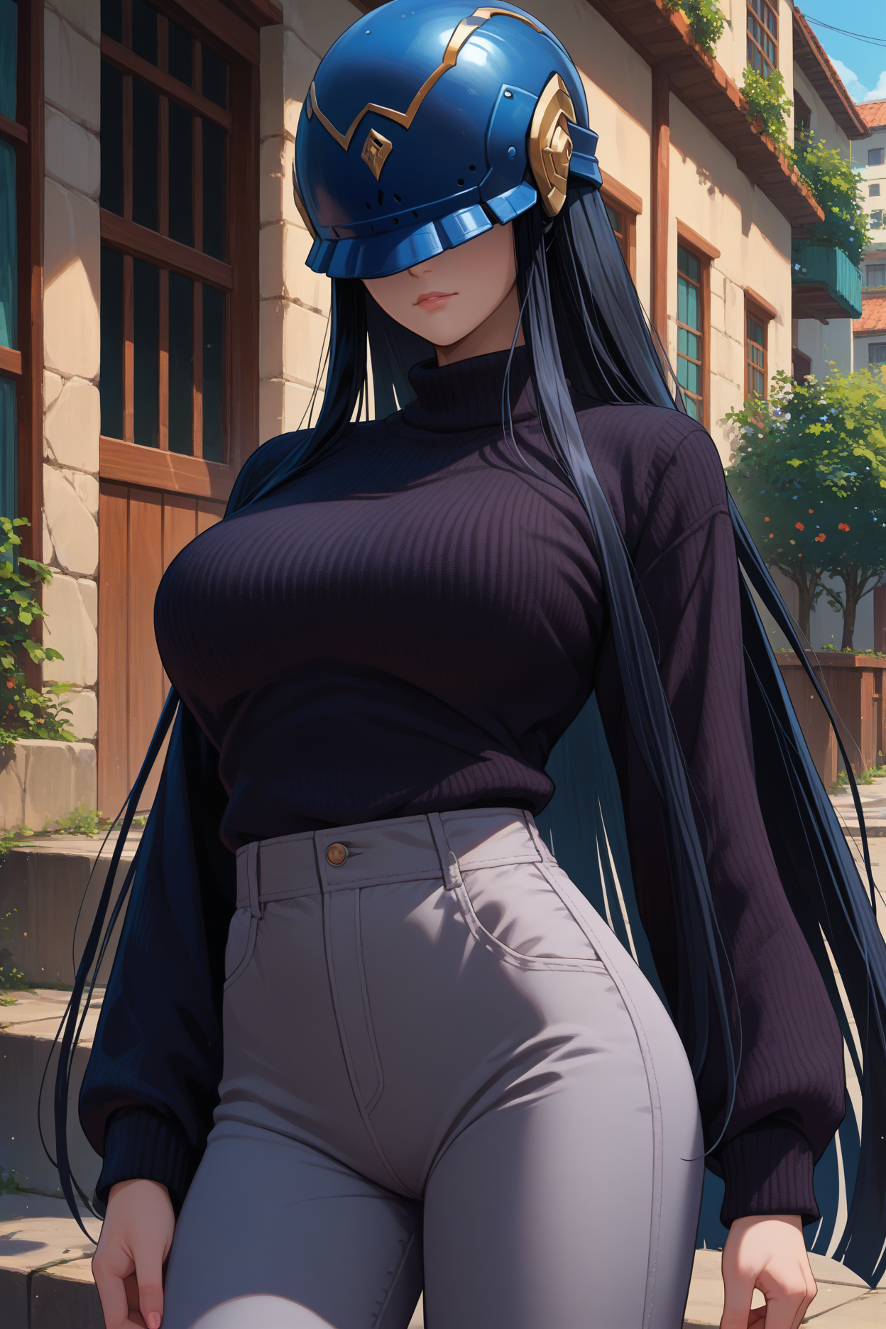 A woman with long, flowing dark blue hair. She wears a dark blue turtleneck sweater and high-waisted light gray pants. She has a blue helmet covering her face, partially revealing her expression. The background shows a sunlit, stone-walled building with greenery and a red-tiled roof. 