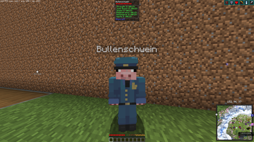 Ein Bildschirmschuß von Minenhandwerk, darin zu sehen eine Spielerin mit dem Namen "Bullenschwein" und der Haut eines Schweins als Bulle, also eine Polizistin mit Schweinsgesicht.