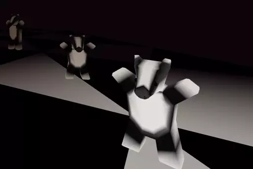 A scene with vertex colors. 3 low-poly badgers are on screen, each with different brightness levels due to their placement in the scene.