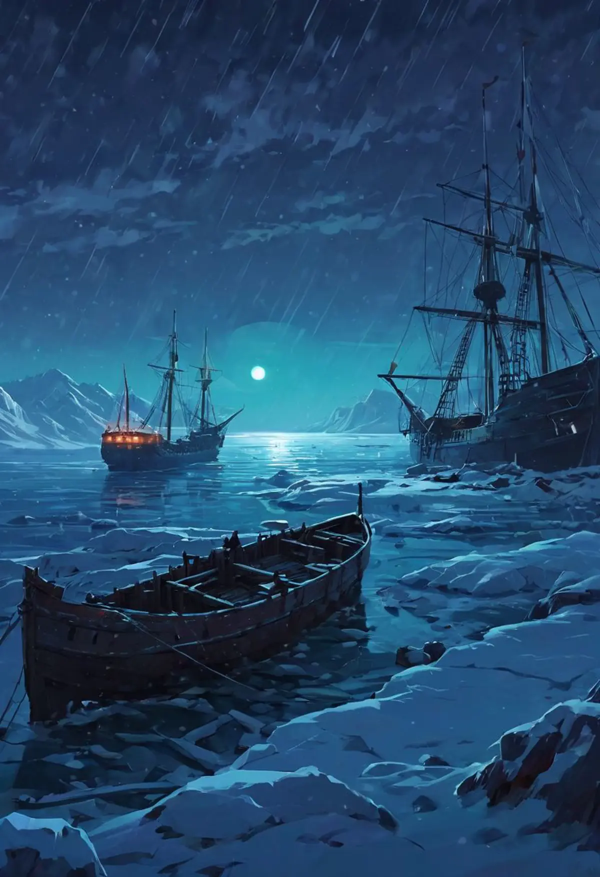 Two large sailing ships are anchored in the distance, bathed in the soft glow of the moonlight that reflects off the calm sea waters. One ship is completely dark, while light is visible emanating from the from aft of the other one. In the foreground, a small wooden boat rests on the snow-covered shore, 