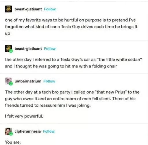 tumblr screenshot with 4 posts
user beast-glatisant: one of my favourite ways to be hurtful on purpose is to pretend I've forgotten what kind of car a Tesla Guy drives each time he brings it up

another post by the same user
the other day aI referred to a Tesla Guy's car as "the little white sedan" and I thought he was going to hit me with a folding chair

user umbairnatrium: The other day at a tech bro party I called one "that new Prius" to the guy who owns it and an entire room of men fell silent. Three of his friends turned to reassure him I was joking. I felt very powerful.

user chipheramnesia: you are.