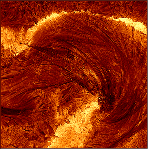 A high-resolution image of the flare from the Inouye Solar Telescope, taken on August 8, 2024, at 20:12 UT. The image is about 4 Earth-diameters on each side.
