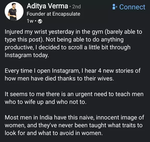 post by "founder at encapsulate" about 4 men dying thanks to their wives, and how there is an urgent need to teach men "who to wife up". Guy continues to say that men think women are innocent.
