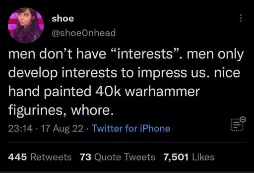 @shoeonhead: men don't have "interests". men only develop interests to impress us. nice hand painted 40k warhammer figurines, whore.