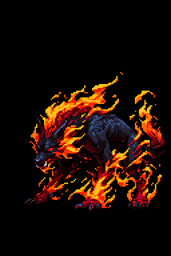 A pixel‑art, blue, wolf‑like creature with orange, red, and yellow flames rising from its head, back, legs, and tail. 