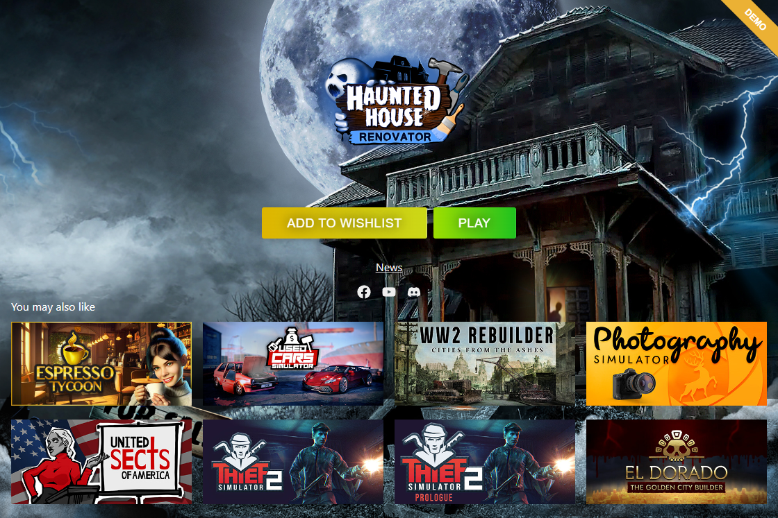 The Haunted House Renovator main menu, which has a dynamic list of other games by the same studio at the bottom in a "You may also like" section