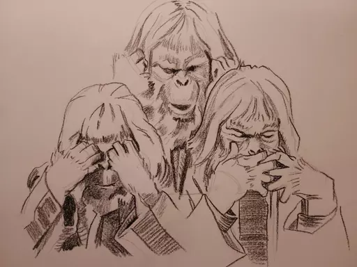 Carbon pencil collage of three orangutans mimicking "see no evil, hear no evil, say no evil" from Planet of the Apes