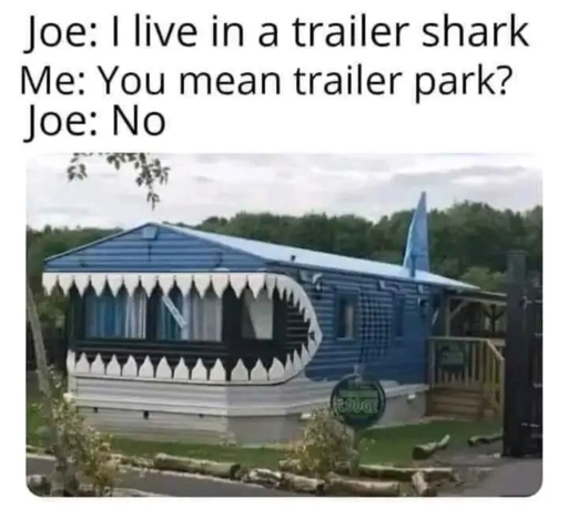 Transcription: "Joe: I live in a trailer shark  Me: You mean trailer park?  Joe: No" followed by a photo of a shark themed trailer