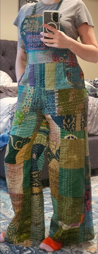 green patchwork overalls