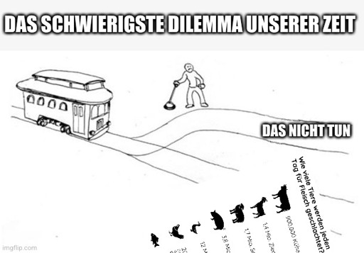 Trolley Problem Meme: "das schwierigste Dilemma unserer Zeit". Auf dem einen Gleis werden Millionen von Tieren jeden Tag getötet. Auf dem anderen nicht.