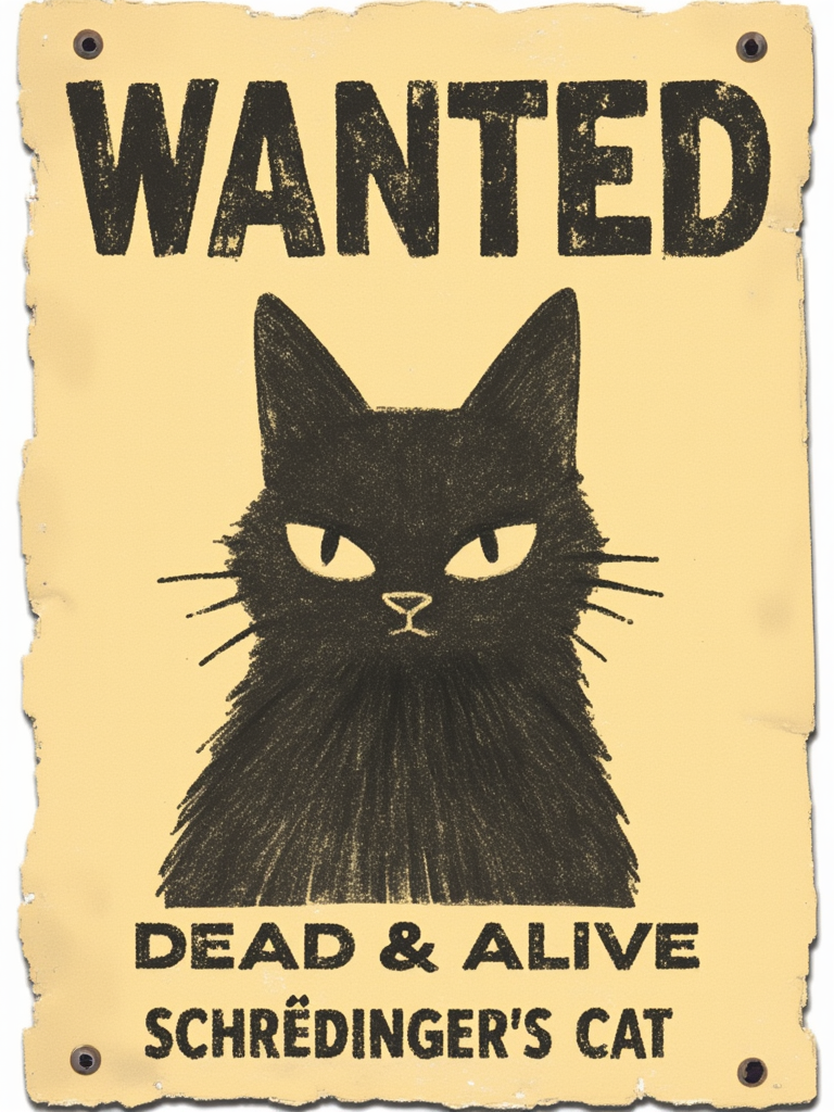 A worn-out, yellowish poster with the word “WANTED” printed in bold, black letters at the top. Below this text is a stylized drawing of a black cat with prominent eyes and whiskers. The bottom of the poster features the words “DEAD & ALIVE” in bold, and underneath this phrase is “SCHRËDINGER’S CAT,” which references the famous thought experiment in quantum mechanics proposed by Erwin Schrödinger.