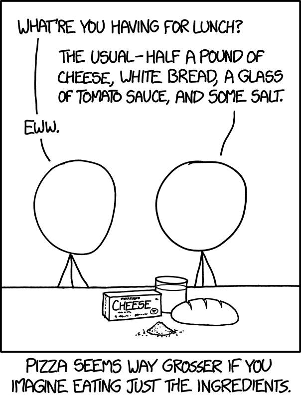 Friend: What're you having for lunch?Cueball: The usual—half a pound of cheese, white bread, a glass of tomato sauce, and some salt.Friend: Eww.Label on the box: CheeseCaption below the panel.Pizza seems way grosser if you imagine eating just the ingredients.