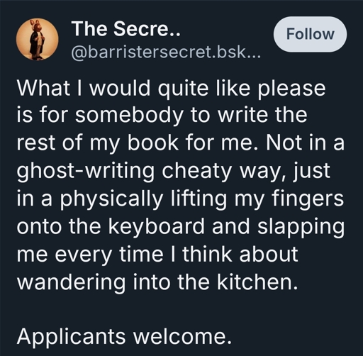 What I would quite like please is for somebody to write the rest of my book for me. Not in a ghost-writing cheaty way, just in a physically lifting my fingers onto the keyboard and slapping me every time I think about wandering into the kitchen.

Applicants welcome.