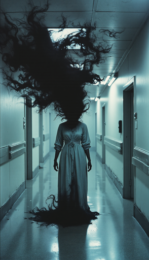 A surreal horror scene in a sterile institutional hallway with white walls and pale blue-tinted fluorescent lighting. A figure stands in the center, wearing a simple light-colored gown with long sleeves. Instead of a head, an enormous mass of black, smoke-like tendrils explodes upward and outward. These dark tendrils also trail behind the figure on the floor, creating a stark contrast against the polished reflective surface. The hallway features several closed doors and metal handrails along both sides.