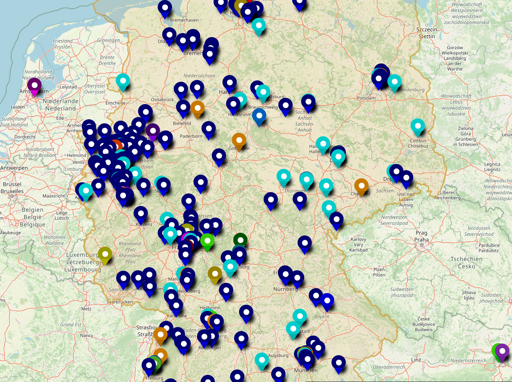 Ausschnitt aus der Karte Technikspenden: sehr viele Einträge in ganz Dtld - verschiedene Farben für die jeweiligen Vereine 