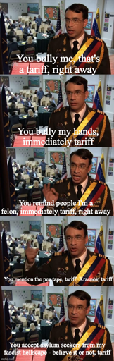Fred Armisen in his cameo from Parks & Rec, describing what gets you tariffs
