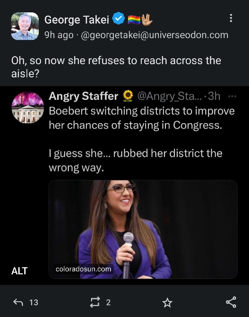 Mastodon post from George Takei replying to the OP&#39;s image, reading &quot;Oh, now she refuses to reach across the aisle?&quot;