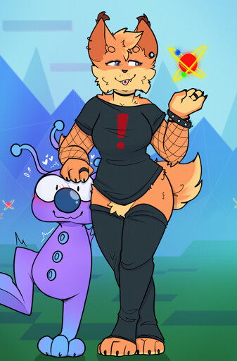 A redesign of Bubsy, making her feminine in appearence as well as giving her a black shirt and matching leg warmers. She additionally has a ring on each paw, a bracelet (with spikes), a necklace, and arm fishnets, all black. She is leaning against one of the woolie enemies from Bubsy 3D, in front of a background imitating that game's art style. The woolie is blushing and wearing a flustered smile. Atoms, a collectable in the game, can be seen in the distance, and Bubsy is holding one of them.