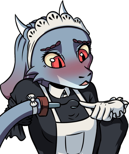 Cecile from Gabital (whose name was revealed to me by a cheater) uses her one remaining hand and her tail to make a shy “fingers pointing at each other” pose.
