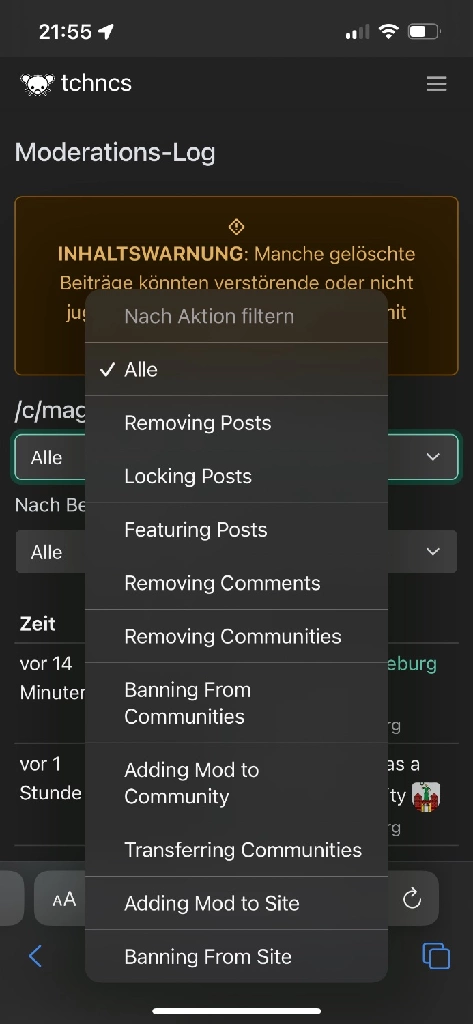 Bildschirmfoto der Moderationsübersicht 