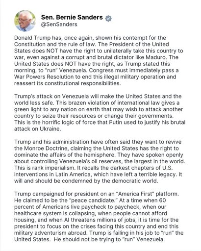 Bernie Sanders' statement on President Trump’s actions in Venezuela.