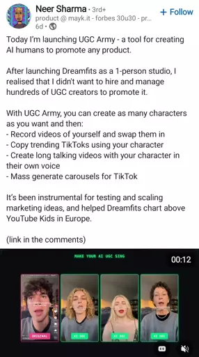 guy promoting his AI tool that makes multiple deepfaked people read the same script to make something go viral