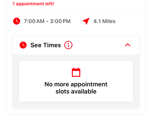 A screenshot of an app in the process of making appointments. It says "1 appointment left!" in the upper left corner, but "No more appointment slots available" where the user clicked to see available times.