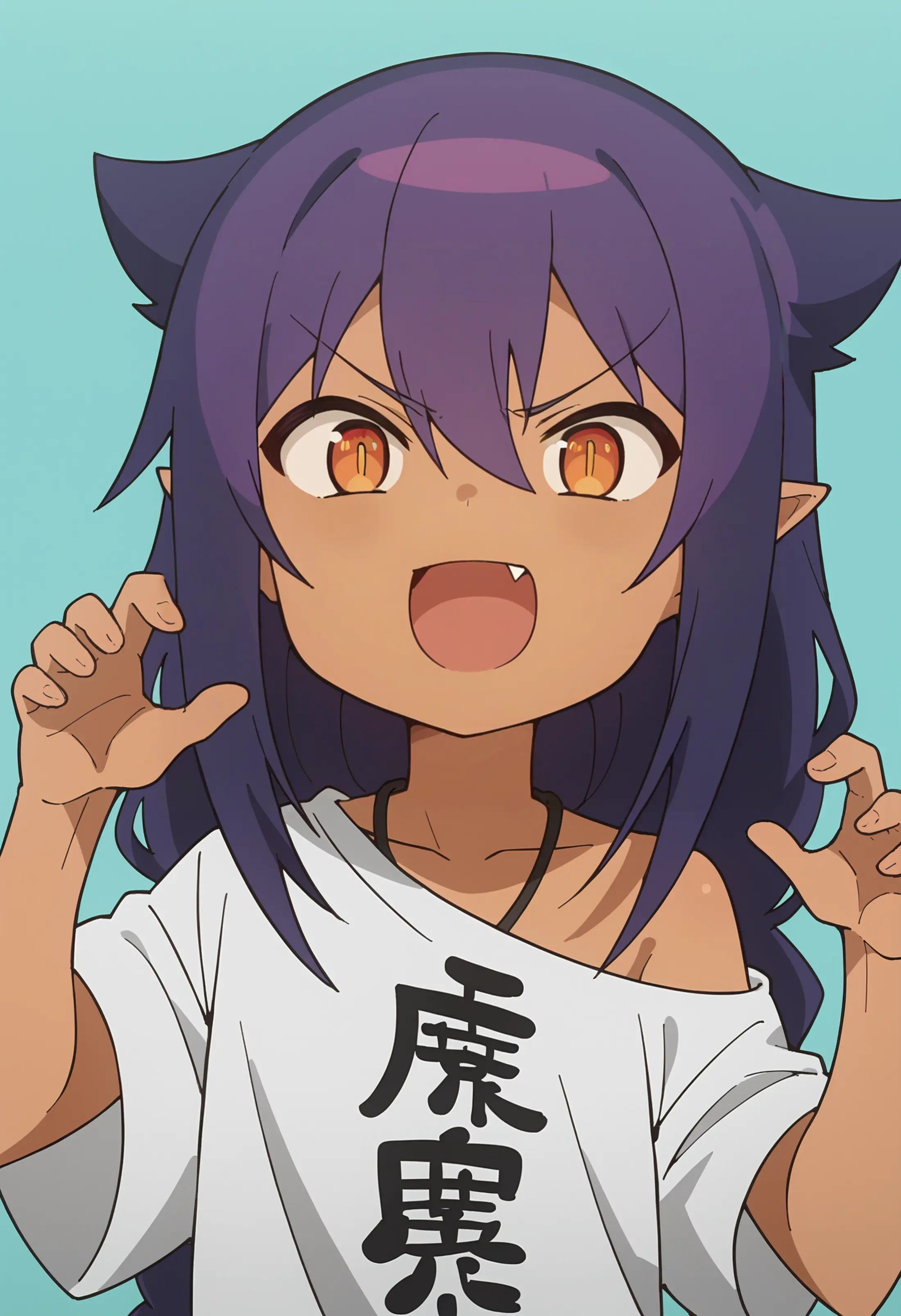 A girl with vibrant purple hair and striking amber eyes making a playful expression with her mouth open. She is wearing a white top with garbled text on it and has her hands raised in a claw-like gesture. 