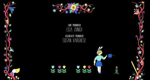 Fiona & Cake season 2 episode 8, first card of credits. The art is in thin lines and flat solid colours, remincint of a painted dutch woodcarving. Woody vines grow along the boarder, and a line of tulips sprout from the bottom. Fiona stands at the end of the row with a watering can, poised above an unusual blosom. Credits: line producer Lisa Zunich, associate producer Susan Varghese