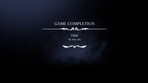Image of game completion screen in Silksong, reading "GAME COMPLETION; TIME; 4h 10m 50s"
