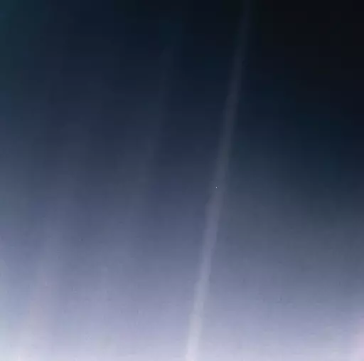 On February 14, 1990 the Voyager spacecraft took a photograph of the region of space containing the Earth from its vantage point 6 million kilometers away.
