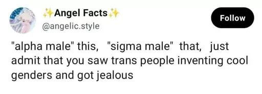 Twitter user Angel Facts writes '"alfa male" this, "sigma male" that, just admit that you saw trans people inventing cool genders and got jelous'