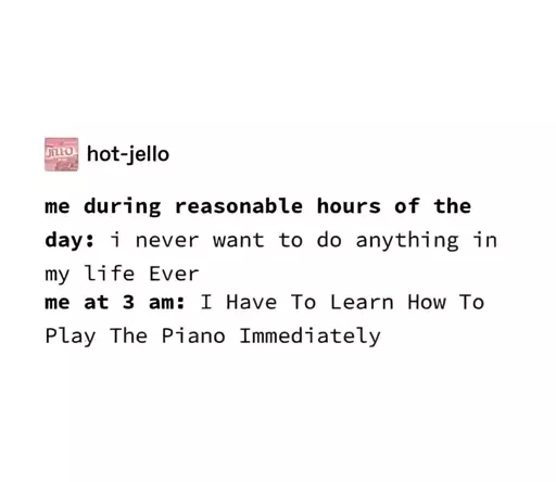 tumblr post by hot-jello

me during reasonable hours of the day: I never want to do anything in my life Ever

me at 3 am: I Have To Learn How To Play The Piano Immediately